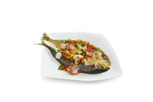 gezouten makreel salade in een wit plein bord het is een populair voedsel van Thailand PNG transparant