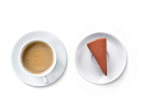 Kaffee Becher mit Schokolade Kuchen, oben Sicht, isoliert png transparent