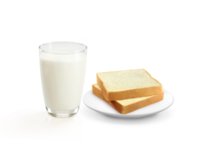 Glass of milk and plate with bread  isolated PNG transparent