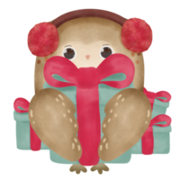 Christmas owl with lots of christmas gifts, hand drawn illustration water color pastel png