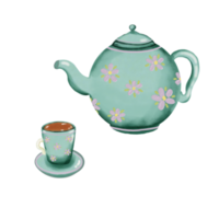 thé tasse et thé pot printemps pique-nique collection main tiré dessin illustration png