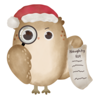 Christmas owl with a naughty list, hand drawn illustration water color pastel png