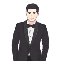 Charming Gentleman in a Neatly Tailored Tuxedo Line Art Illustration of a Handsome Smiling Man png