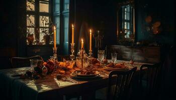 Romantic dinner party with candlelit gourmet meal generated by AI photo