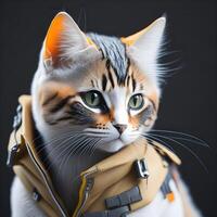 isométrica ver de un mini linda hiper realista futurista soldado gato vistiendo cyberpunk chaqueta con oscuro fondo, generativo ai foto