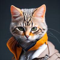 isométrica ver de un mini linda hiper realista futurista soldado gato vistiendo cyberpunk chaqueta con oscuro fondo, generativo ai foto