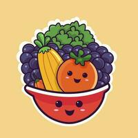 Sticker Style Fruit Bowl Mascot on Yellow Background. vector