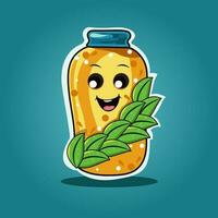 Sticker Style Happy Bottle Mascot with Leaves on Teal Background. vector