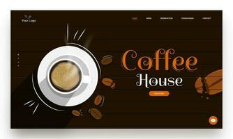 Coffee House Landing Page Design with Top View of Coffee Cup and Beans on Dark Background. vector