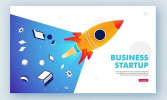 Business Startup Concept Based Landing Page with Successful Launching Project of Rocket. vector