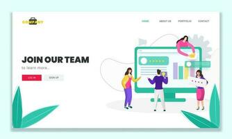 Join Our Team Based Landing Page with Illustration of Business Man and Women Working Together to Maintain the Website in Computer. vector