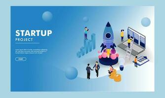 Business Startup Project Based Landing Page with Illustration of New Entrepreneur Analysis His Company Growth or Success. vector