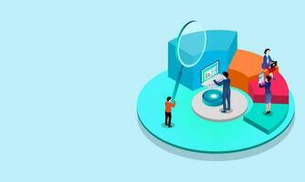 3d ilustración de miniatura personas utilizando teléfono inteligente, ordenador portátil y aumentador vaso en vistoso tarta gráfico para negocio crecimiento o datos análisis concepto. vector