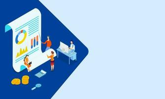 3D illustration of Miniature Business People Checking Data, Report and Coins and Calculator on Workplace and Space for Message. vector