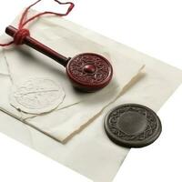 Top View of Old Letters With Wax Seal And Stamp. photo