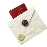 Top View of Red And White Old Letter Envelope with Wax Seal and Stamp. photo