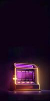 Purple and Golden Shiny Empty Slot Machine on Dark Background with Copy Space. Casino Game Concept, Technology. photo
