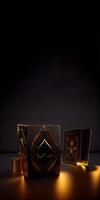 Black and Golden Playing Cards and Poker Chips on Dark Background with Copy Space. Casino Game or Gambling Concept. . photo