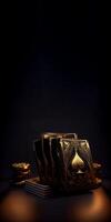 Black and Golden Combination of Playing Cards with Poker Chips and Copy Space on Dark Background. Casino Game or Gambling Concept. . photo