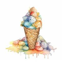 Watercolor Image of Stack Various Color Ice Cream Scoop Full Wafer Cone. photo