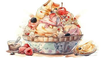 Watercolor Image of Berries Garnish Ice Cream Serving Bowl Illustration. photo