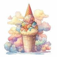 A Painting of Colorful Skyline Ice Cream Wafer Cone in Clouds. photo