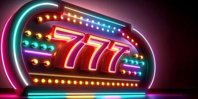 colroful marquesina tablero con neón 777 número, casino juego letrero para anuncio publicitario. generativo ai tecnología. foto