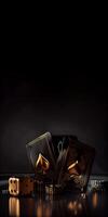 Black and Golden Combination of Playing Cards, Dices, Poker Chips on Dark Background with Copy Space. Casino Game or Gambling Concept. . photo