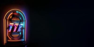 Marquee 777 Number on Neon Casino Arch Board or Frame and Copy Space. Gambling Concept. Technology. photo