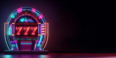 Neon Lighting Slot Machine with 777 Symbol on Dark Background. Casino Game Concept, Technology. photo