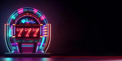 Neon Lighting Slot Machine with 777 Symbol on Dark Background. Casino Game Concept, Generative AI Technology. photo