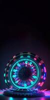 3D Render of Glowing Neon Roulette Wheel with Flares on Dark Background, Casino Game Concept. Technology. photo
