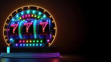 Glowing Neon 777 Slot Machine in Circular Frame on Podium for Advertisement, Casino Game Concept. Technology. photo