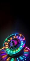 3D Render of Glowing Neon Roulette Wheel with Flares on Dark Background, Casino Game Concept. Generative AI Technology. photo