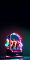 Colorful Glowing Neon Slot Machine with 777 Symbol, Poker Chips or Token on Dark Background, Casino Game Concept. Generative AI Technology. photo