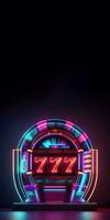 Neon Lighting Slot Machine with 777 Symbol Jackpot on Dark Background. Casino Game Concept, Generative AI Technology. photo