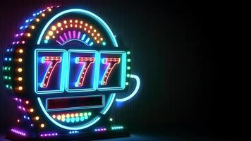 Glowing Neon 777 Slot Machine in Marquee Circular Frame or Board Stand for Advertisement, Casino Game Concept. Technology. photo