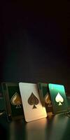 verde y blanco jugando tarjetas con dorado pala símbolo en oscuro antecedentes y Copiar espacio. casino juego o juego concepto. generativo ai. foto