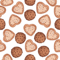Watercolor chocolate chip and white chocolate heart shaped cookie seamless pattern. Watercolor cookie illustration. png
