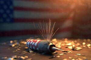 Firecracker or Sparkling Candle with Confetti Against Blurred USA Flag Background for Celebrating 4th of July Independence Day. . photo