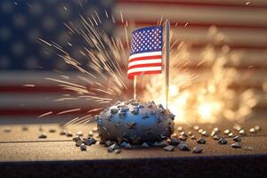 Patriotic Spirit of the United State, An American Flag Stand on Desk with Fireworks Effect for Celebrating 4th of July Independence Day. . photo