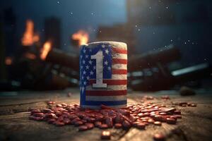 One Numerical Cylinder in American Flag Painted with Red Glittering Elements on War Explosion Background. 4th of July, Independence Day Celebration Concept. Generative AI. photo