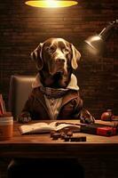 grave Labrador perdiguero perro en pie con blanco cuaderno y iluminar mesa lámpara en marrón habitación. generativo ai. foto