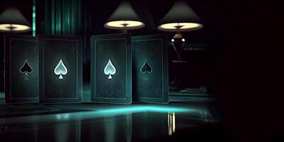 Playing Cards of Spade Against Dark Teal Background and Hanging Ceiling Lamps, Casino Game and Gambling Concept. Generative AI Technology. photo