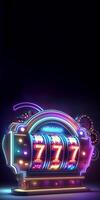 Neon Lighting Casino Slot Machine with 777 Symbol in High Resolution, Excellent Quality, Abstraction. Generative AI Technology. photo