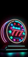 Glowing Neon Lottery Machine with Colorful Balls and 777 Symbol Inside. Lottery Wheel Drum Leisure Game Equipment. Generative AI Technology. photo