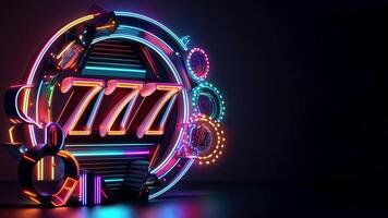 Glowing Neon Circular Shape Board with 777 Symbol on Dark Background for Advertisement, Casino Game Concept. Technology. photo