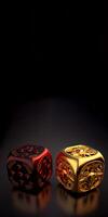 Two Casino Game Metal Dice in Red and Golden Color Against Dark Background. Role Playing, Board Game Concept. Technology. photo