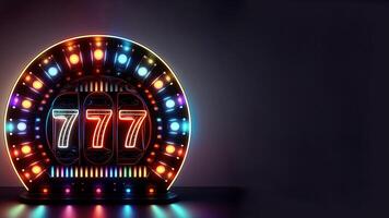 Glowing Neon 777 Slot Machine on Marquee Circular Frame or Board for Advertisement, Casino Game Concept. Generative AI Technology. photo