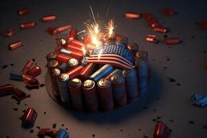 American Flag on Firecrackers Stock in Round Shape with Sparks on Floor. 4th of July, Independence Day Celebration Concept. Generative AI. photo